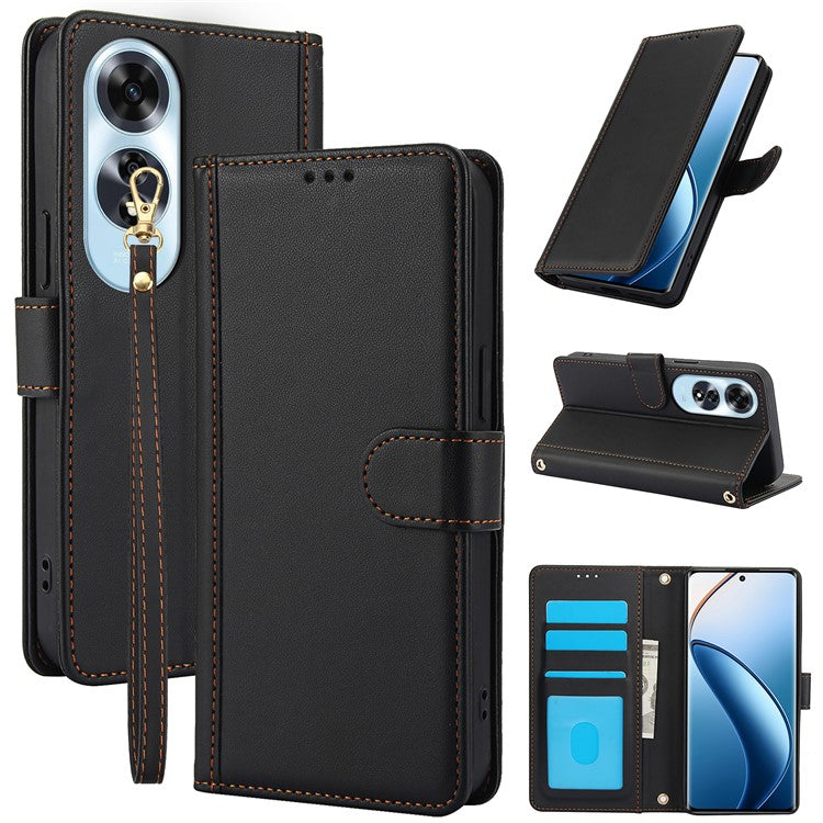 SY-003 For Oppo A60 4G Case PU Leather Stand View Phone Wallet Cover with Hand Strap - Black