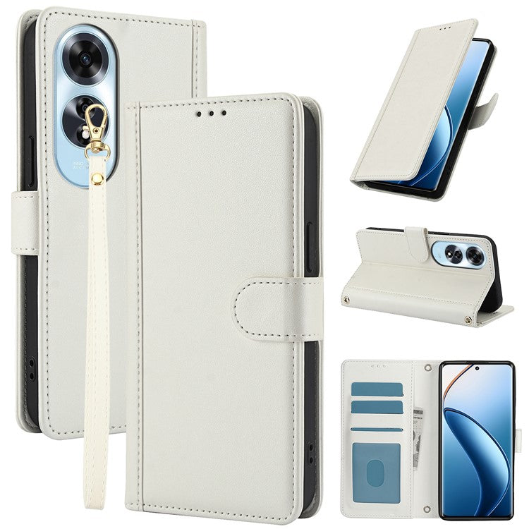 SY-003 For Oppo A60 4G Case PU Leather Stand View Phone Wallet Cover with Hand Strap - White