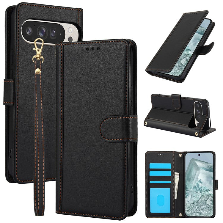 SY-003 For Google Pixel 9 Pro / Pixel 9 Case PU Leather Stand View Phone Wallet Cover with Hand Strap - Black