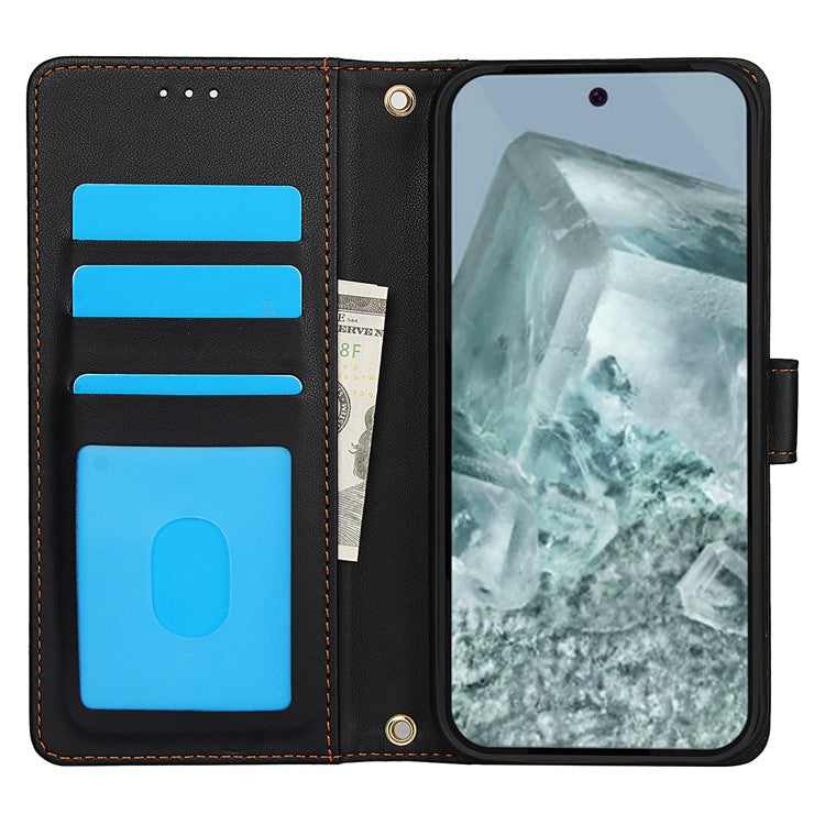 SY-003 For Google Pixel 9 Pro / Pixel 9 Case PU Leather Stand View Phone Wallet Cover with Hand Strap - Black