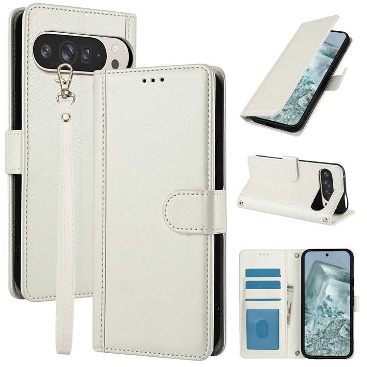 SY-003 For Google Pixel 9 Pro / Pixel 9 Case PU Leather Stand View Phone Wallet Cover with Hand Strap - White