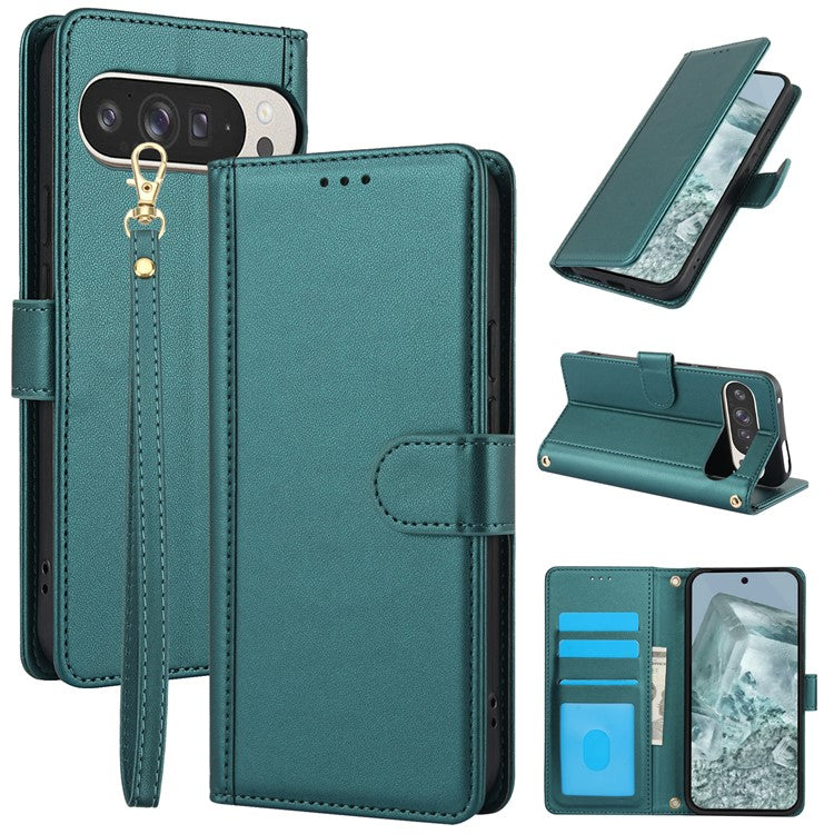 SY-003 For Google Pixel 9 Pro / Pixel 9 Case PU Leather Stand View Phone Wallet Cover with Hand Strap - Green