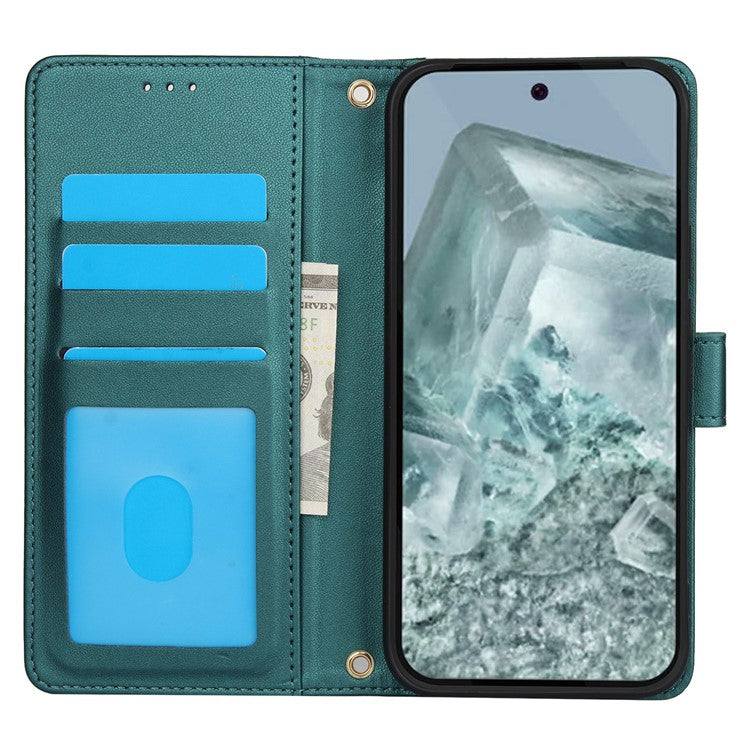 SY-003 For Google Pixel 9 Pro / Pixel 9 Case PU Leather Stand View Phone Wallet Cover with Hand Strap - Green