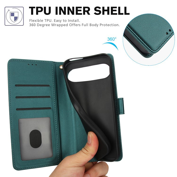 SY-003 For Google Pixel 9 Pro / Pixel 9 Case PU Leather Stand View Phone Wallet Cover with Hand Strap - Green