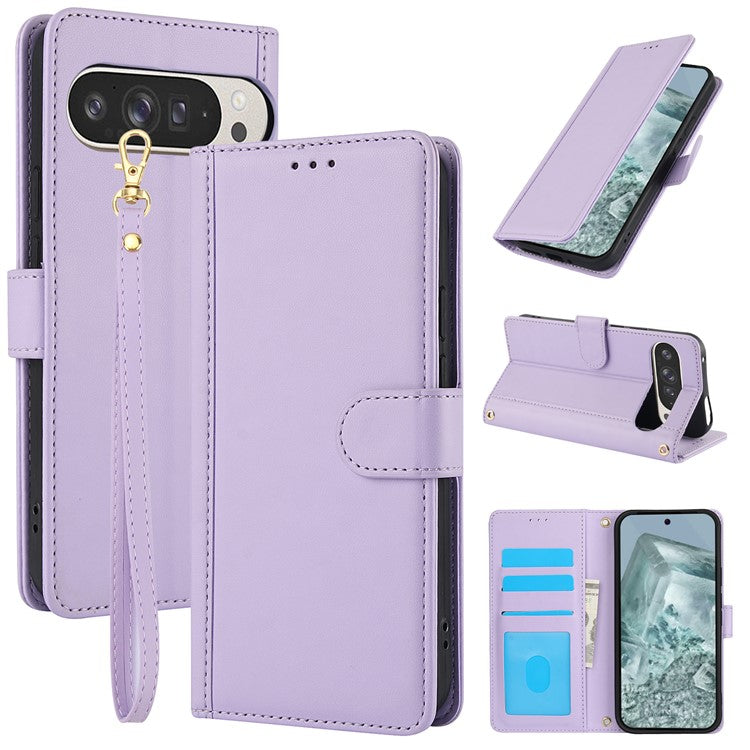 SY-003 For Google Pixel 9 Pro / Pixel 9 Case PU Leather Stand View Phone Wallet Cover with Hand Strap - Purple