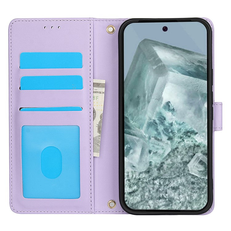 SY-003 For Google Pixel 9 Pro / Pixel 9 Case PU Leather Stand View Phone Wallet Cover with Hand Strap - Purple