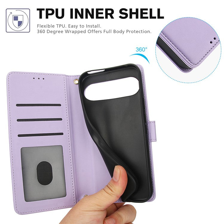 SY-003 For Google Pixel 9 Pro / Pixel 9 Case PU Leather Stand View Phone Wallet Cover with Hand Strap - Purple