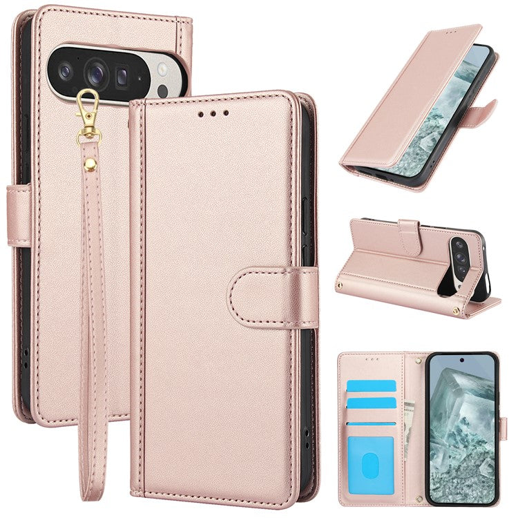 SY-003 For Google Pixel 9 Pro / Pixel 9 Case PU Leather Stand View Phone Wallet Cover with Hand Strap - Pink