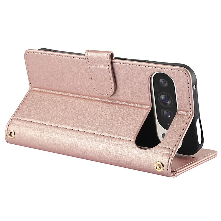 SY-003 For Google Pixel 9 Pro / Pixel 9 Case PU Leather Stand View Phone Wallet Cover with Hand Strap - Pink