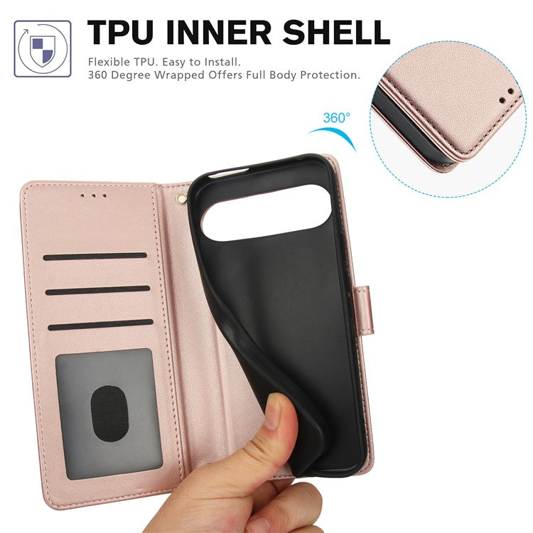 SY-003 For Google Pixel 9 Pro / Pixel 9 Case PU Leather Stand View Phone Wallet Cover with Hand Strap - Pink