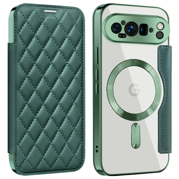 For Google Pixel 9 Pro Case Compatible with MagSafe Rhombus PU Leather Phone Cover - Blackish Green