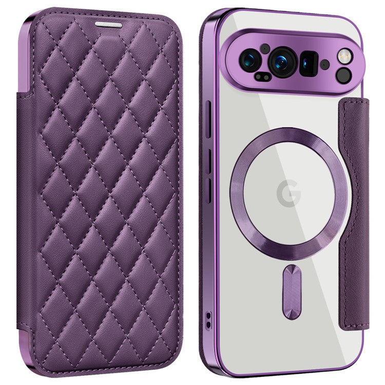 For Google Pixel 9 Pro Case Compatible with MagSafe Rhombus PU Leather Phone Cover - Purple