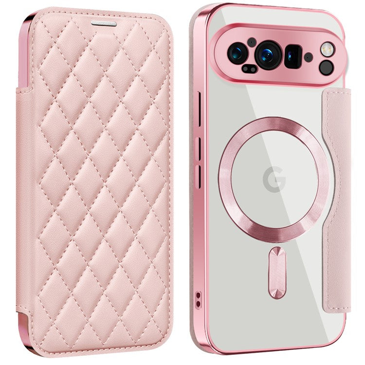 For Google Pixel 9 Pro Case Compatible with MagSafe Rhombus PU Leather Phone Cover - Pink