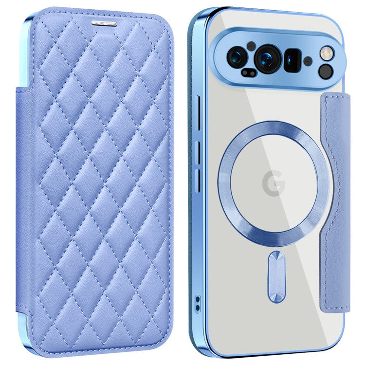 For Google Pixel 9 Pro Case Compatible with MagSafe Rhombus PU Leather Phone Cover - Blue