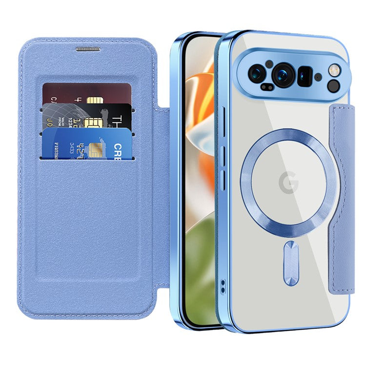 For Google Pixel 9 Pro Case Compatible with MagSafe RFID Blocking Leather Phone Cover - Blue