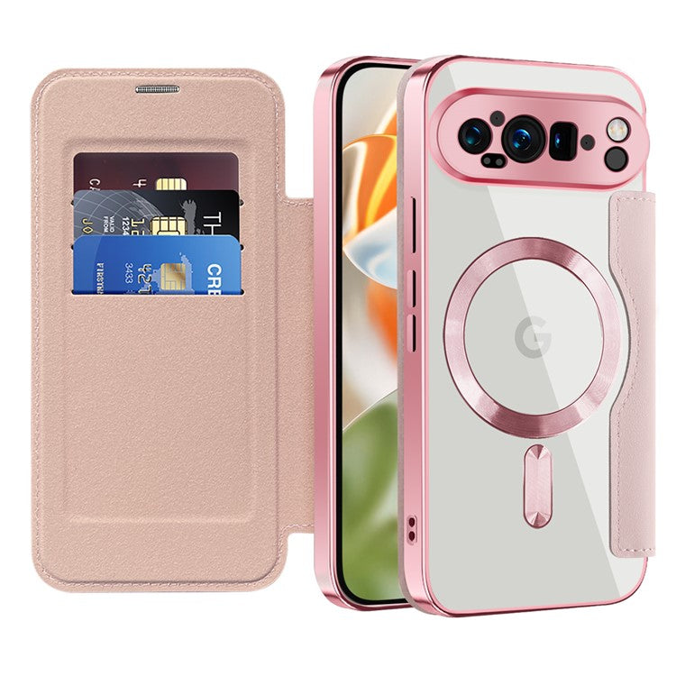 For Google Pixel 9 Pro Case Compatible with MagSafe RFID Blocking Leather Phone Cover - Pink