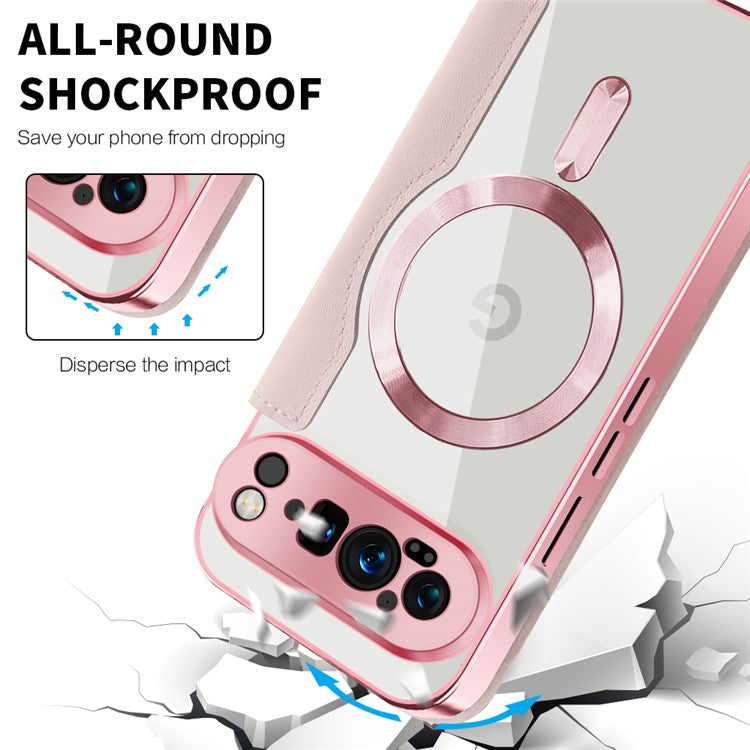 For Google Pixel 9 Pro Case Compatible with MagSafe RFID Blocking Leather Phone Cover - Pink