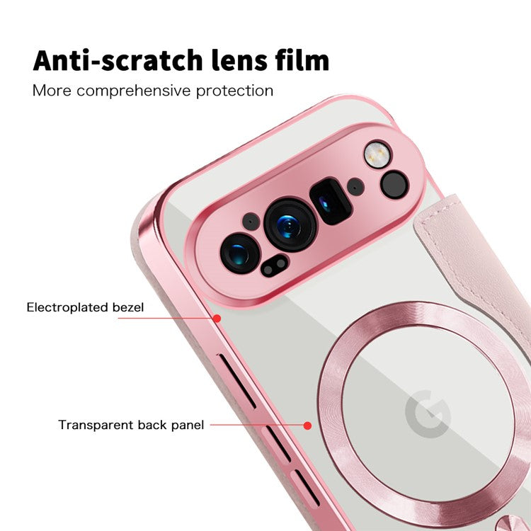 For Google Pixel 9 Pro Case Compatible with MagSafe RFID Blocking Leather Phone Cover - Pink