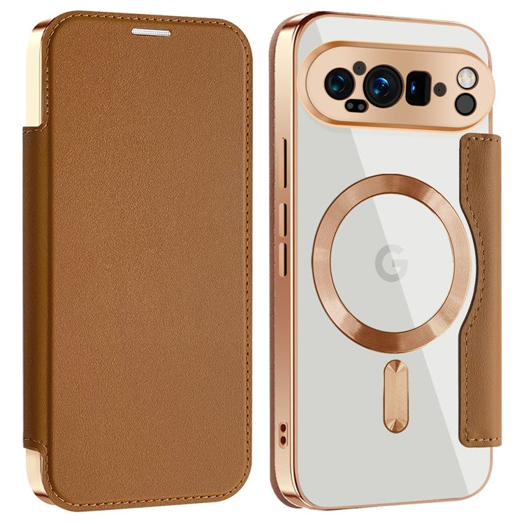 For Google Pixel 9 Pro Case Compatible with MagSafe RFID Blocking Leather Phone Cover - Brown