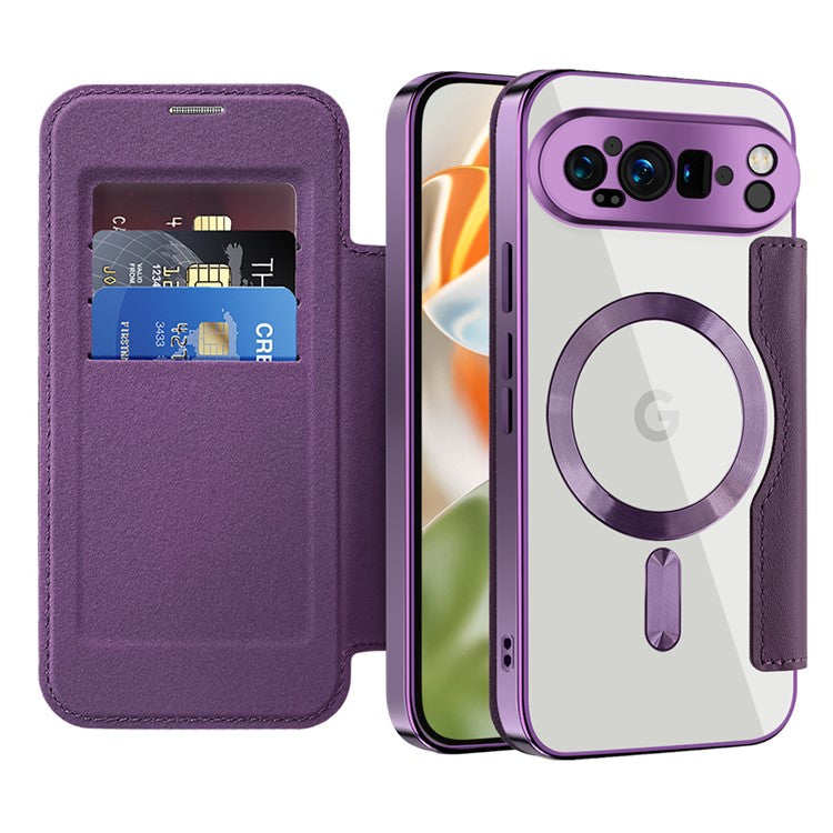 For Google Pixel 9 Pro Case Compatible with MagSafe RFID Blocking Leather Phone Cover - Purple