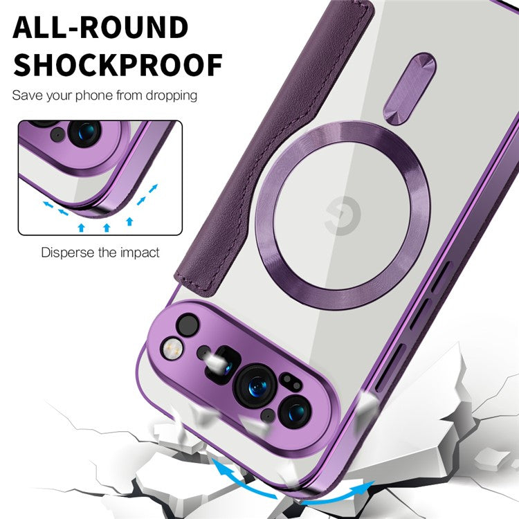 For Google Pixel 9 Pro Case Compatible with MagSafe RFID Blocking Leather Phone Cover - Purple