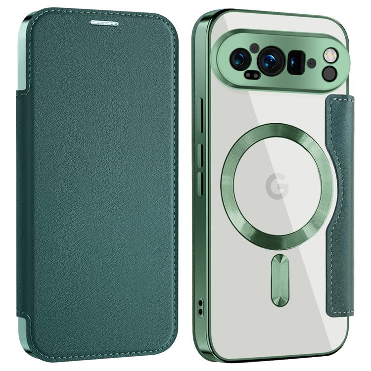 For Google Pixel 9 Pro Case Compatible with MagSafe RFID Blocking Leather Phone Cover - Blackish Green