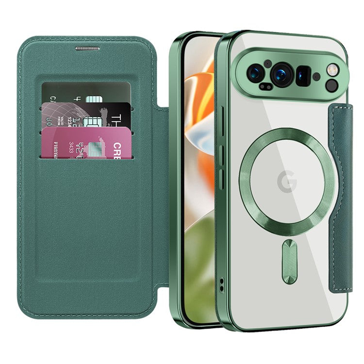 For Google Pixel 9 Pro Case Compatible with MagSafe RFID Blocking Leather Phone Cover - Blackish Green