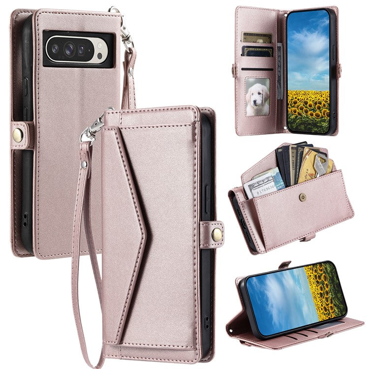 For Google Pixel 9 Pro XL Leather Case with Wrist Strap Wallet Stand Phone Cover - Rose Gold