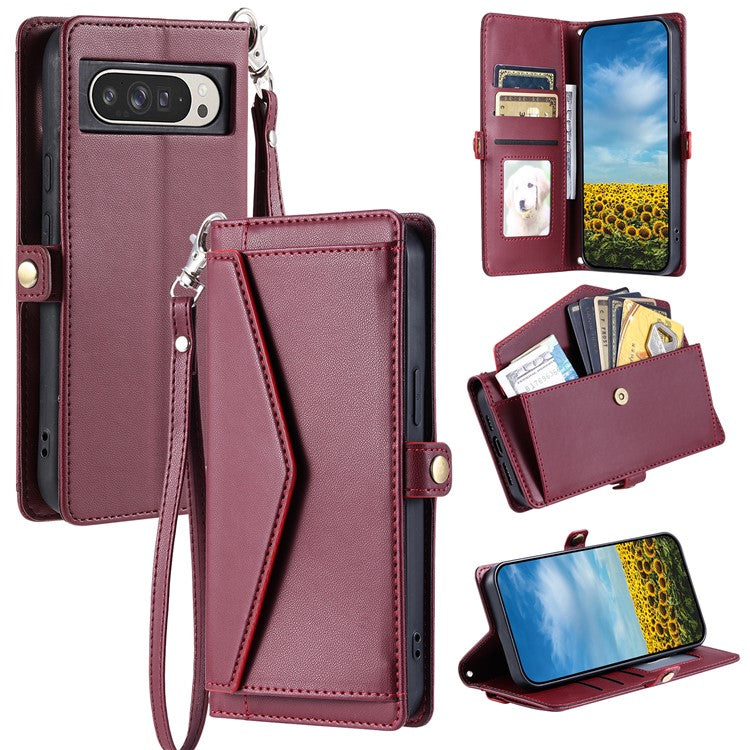 For Google Pixel 9 Pro XL Leather Case with Wrist Strap Wallet Stand Phone Cover - Wine Red