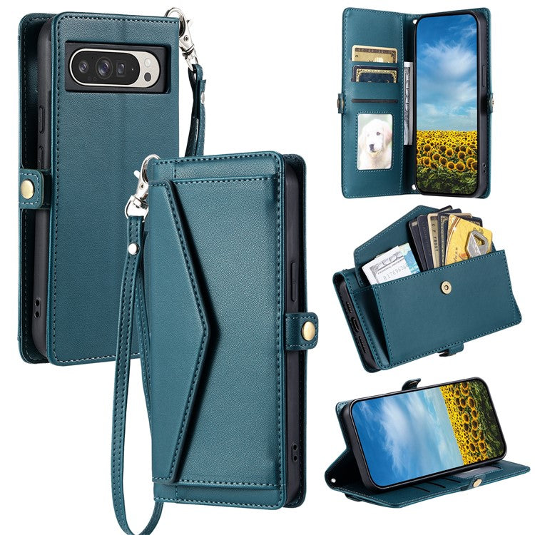 For Google Pixel 9 Pro XL Leather Case with Wrist Strap Wallet Stand Phone Cover - Blackish Green