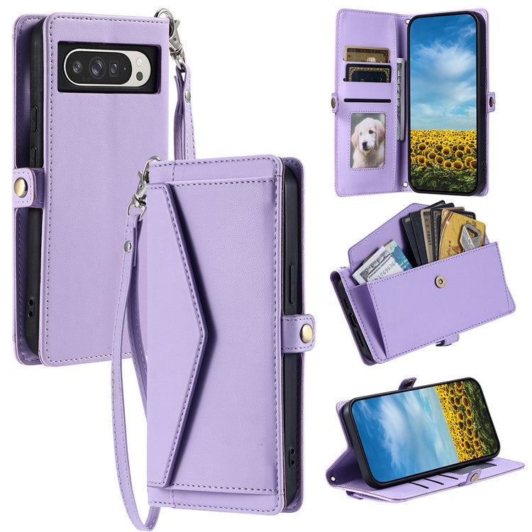 For Google Pixel 9 Pro XL Leather Case with Wrist Strap Wallet Stand Phone Cover - Purple