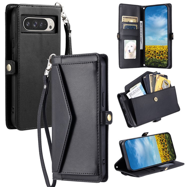 For Google Pixel 9 Pro XL Leather Case with Wrist Strap Wallet Stand Phone Cover - Black