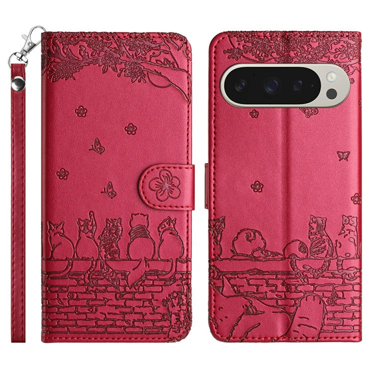 For Google Pixel 9 Pro XL Case with Wrist Strap Leather Phone Cover Wall Cats Pattern - Red