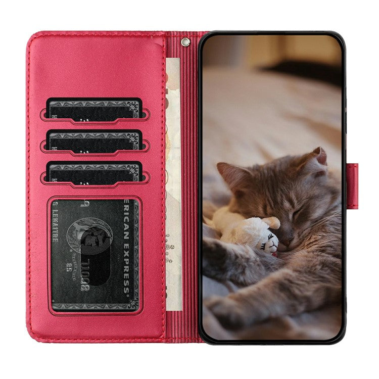 For Google Pixel 9 Pro XL Case with Wrist Strap Leather Phone Cover Wall Cats Pattern - Red