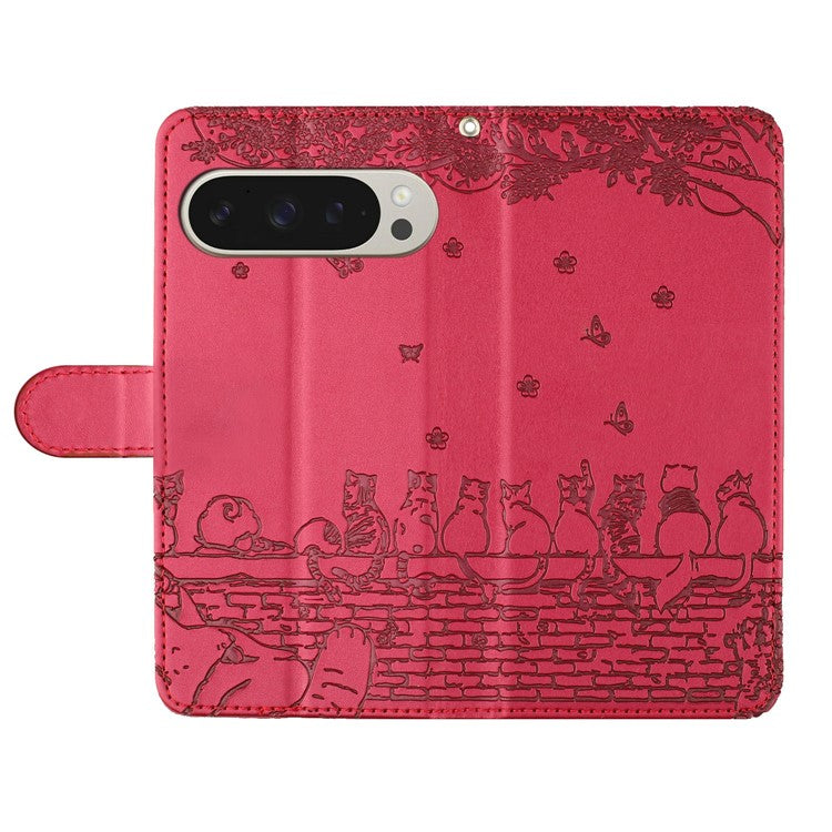 For Google Pixel 9 Pro XL Case with Wrist Strap Leather Phone Cover Wall Cats Pattern - Red