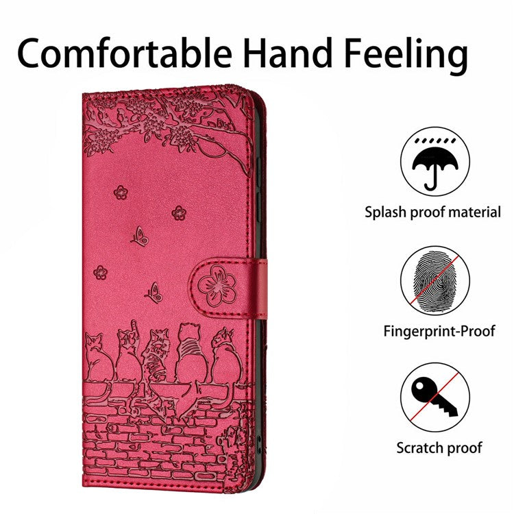 For Google Pixel 9 Pro XL Case with Wrist Strap Leather Phone Cover Wall Cats Pattern - Red