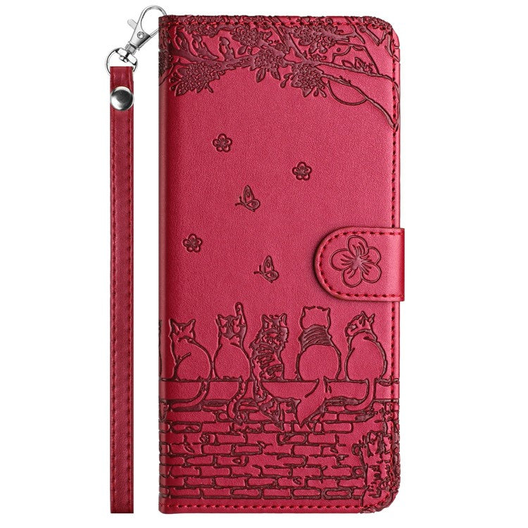 For Google Pixel 9 Pro XL Case with Wrist Strap Leather Phone Cover Wall Cats Pattern - Red