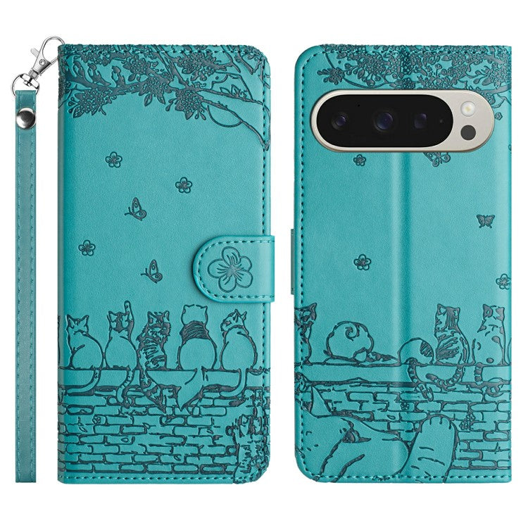 For Google Pixel 9 Pro XL Case with Wrist Strap Leather Phone Cover Wall Cats Pattern - Blue