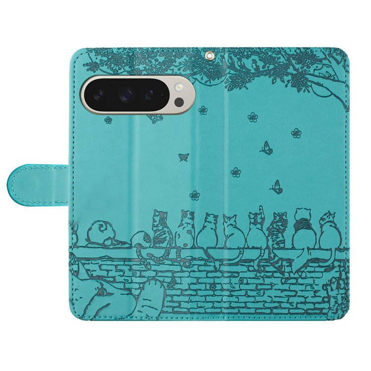 For Google Pixel 9 Pro XL Case with Wrist Strap Leather Phone Cover Wall Cats Pattern - Blue