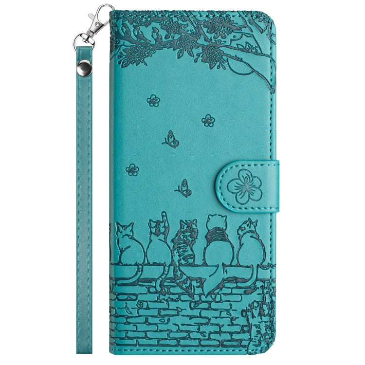 For Google Pixel 9 Pro XL Case with Wrist Strap Leather Phone Cover Wall Cats Pattern - Blue