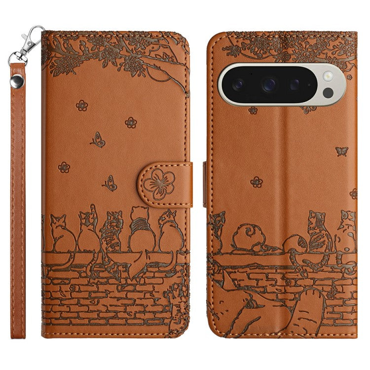 For Google Pixel 9 Pro XL Case with Wrist Strap Leather Phone Cover Wall Cats Pattern - Brown