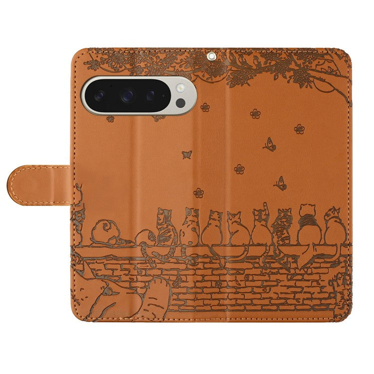 For Google Pixel 9 Pro XL Case with Wrist Strap Leather Phone Cover Wall Cats Pattern - Brown