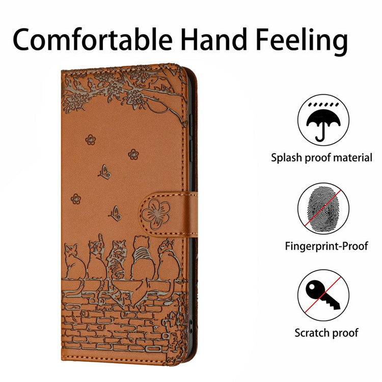 For Google Pixel 9 Pro XL Case with Wrist Strap Leather Phone Cover Wall Cats Pattern - Brown