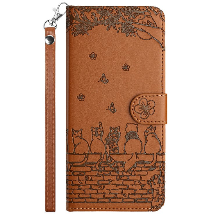 For Google Pixel 9 Pro XL Case with Wrist Strap Leather Phone Cover Wall Cats Pattern - Brown