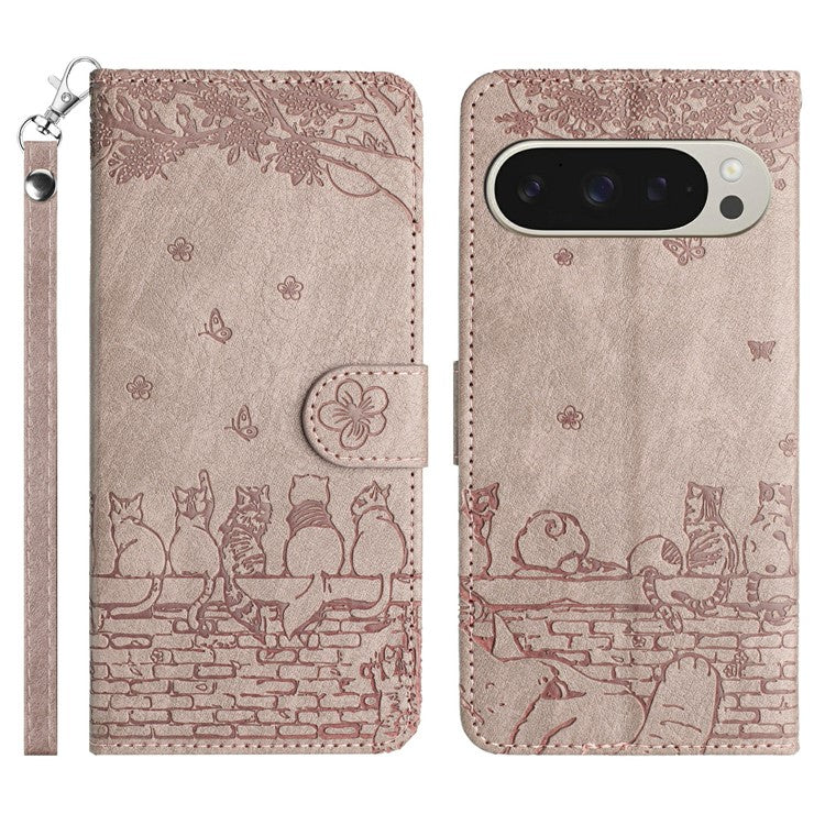 For Google Pixel 9 Pro XL Case with Wrist Strap Leather Phone Cover Wall Cats Pattern - Smoky Purple