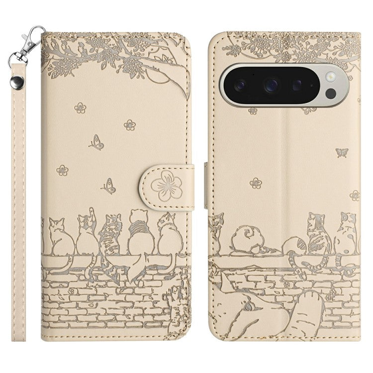 For Google Pixel 9 Pro XL Case with Wrist Strap Leather Phone Cover Wall Cats Pattern - Apricot