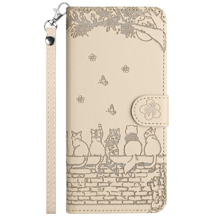 For Google Pixel 9 Pro XL Case with Wrist Strap Leather Phone Cover Wall Cats Pattern - Apricot