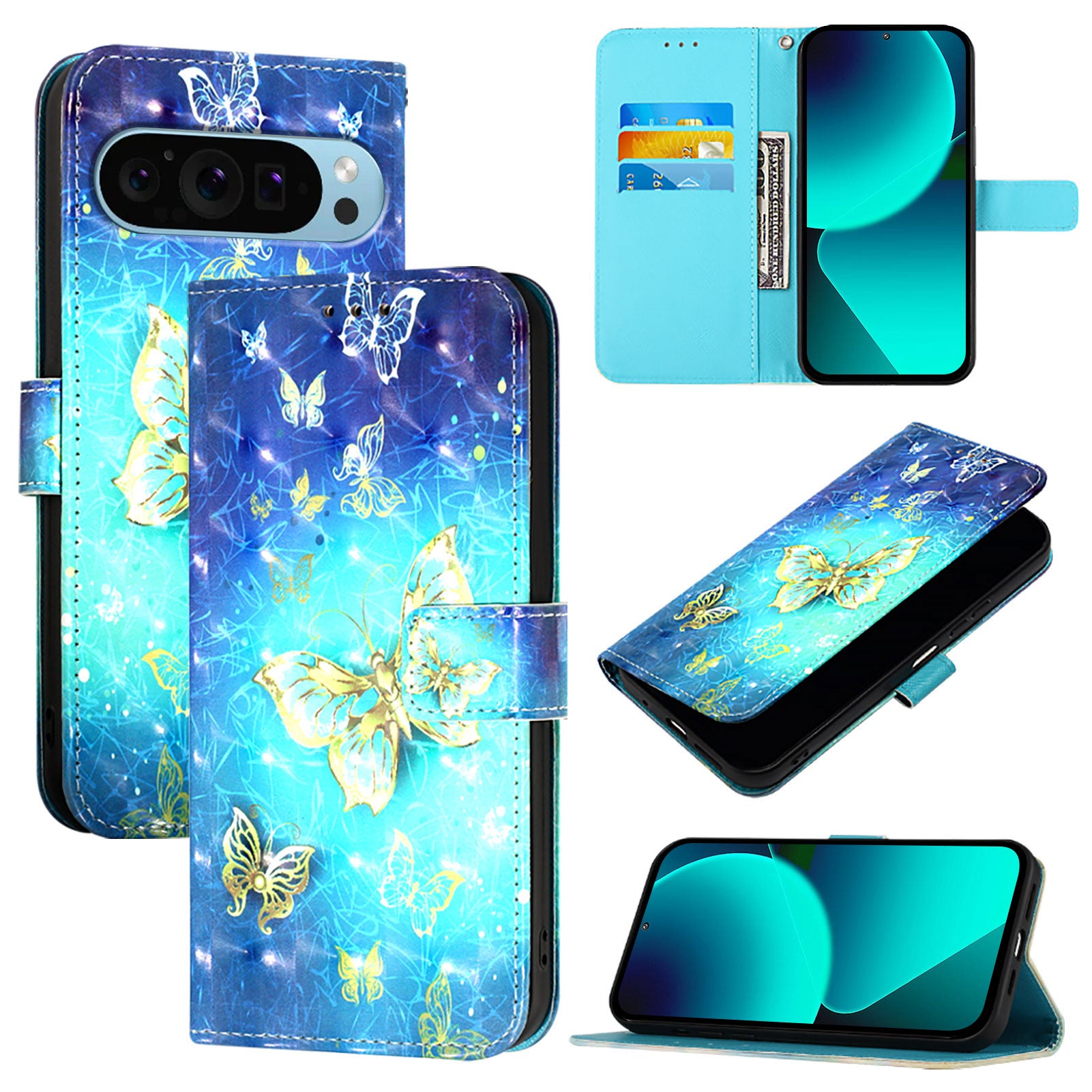 For Google Pixel 9 Pro / Google Pixel 9 Leather Case YB Pattern Printing Leather Series-2 Pattern Printing Wallet Stand Cover - Golden Butterflies