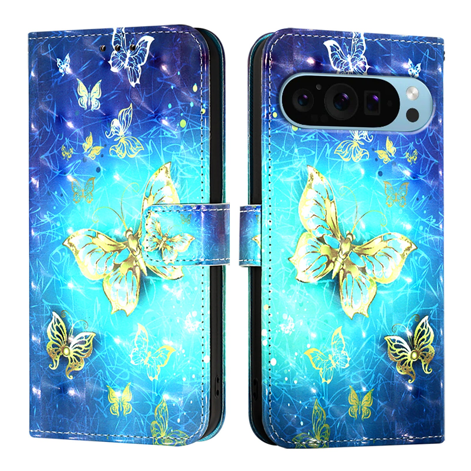 For Google Pixel 9 Pro / Google Pixel 9 Leather Case YB Pattern Printing Leather Series-2 Pattern Printing Wallet Stand Cover - Golden Butterflies