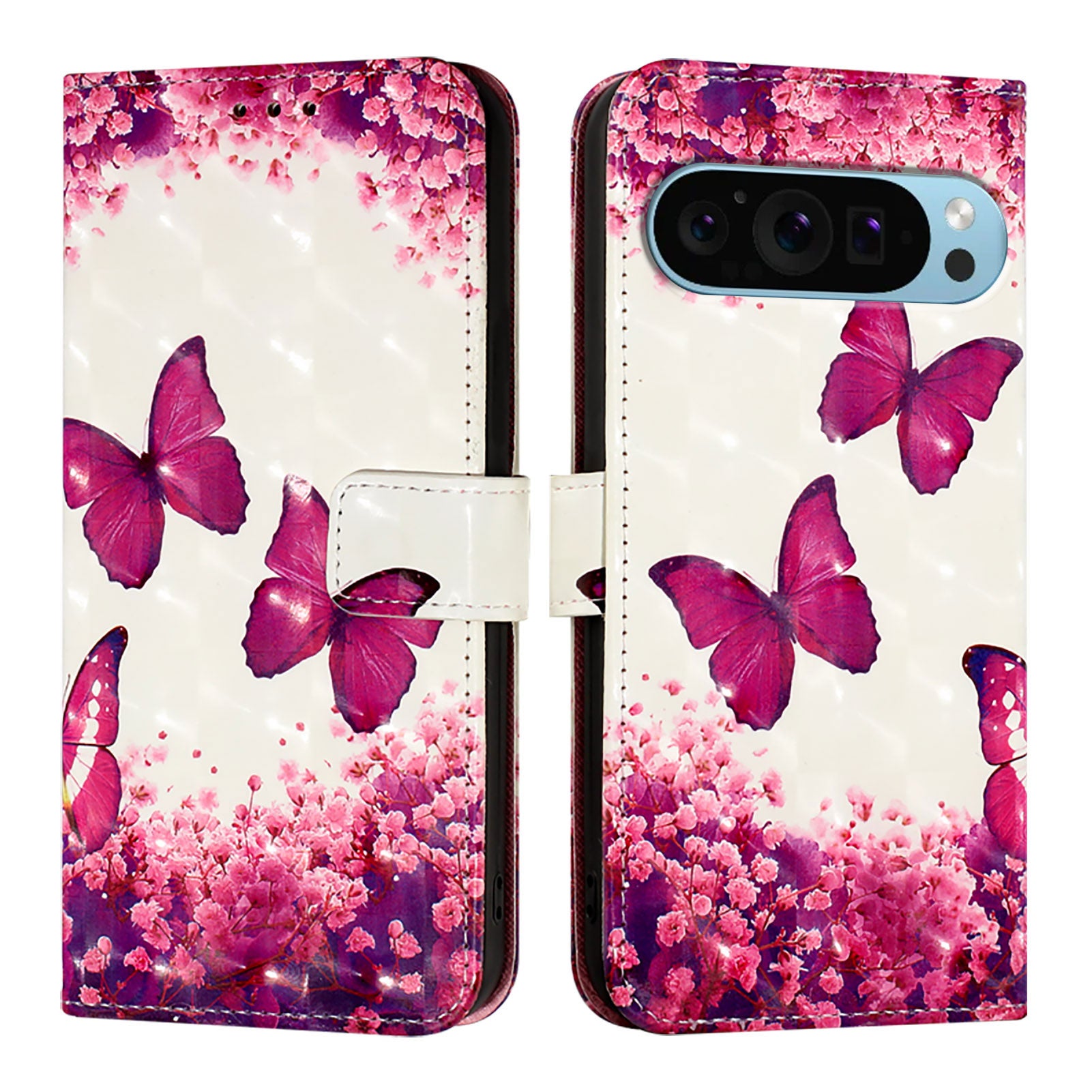 For Google Pixel 9 Pro / Google Pixel 9 Leather Case YB Pattern Printing Leather Series-2 Pattern Printing Wallet Stand Cover - Rose Butterflies